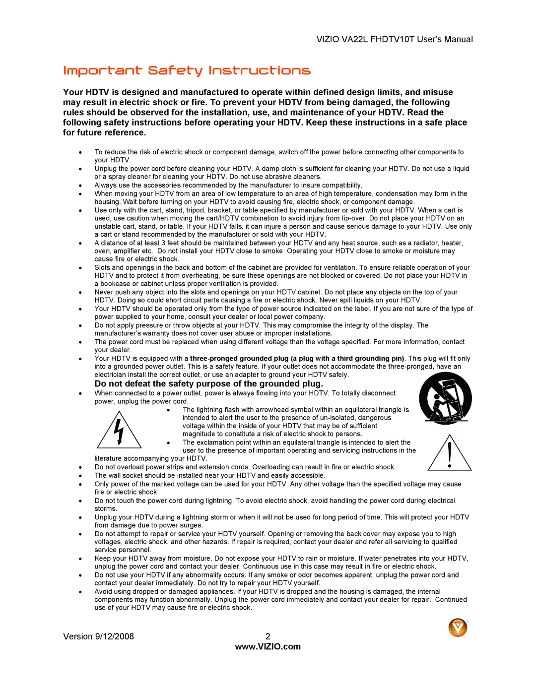 Vizio VA22LF HDTV10T user manual Important Safety Instructions, Do not defeat the safety purpose of the grounded plug 