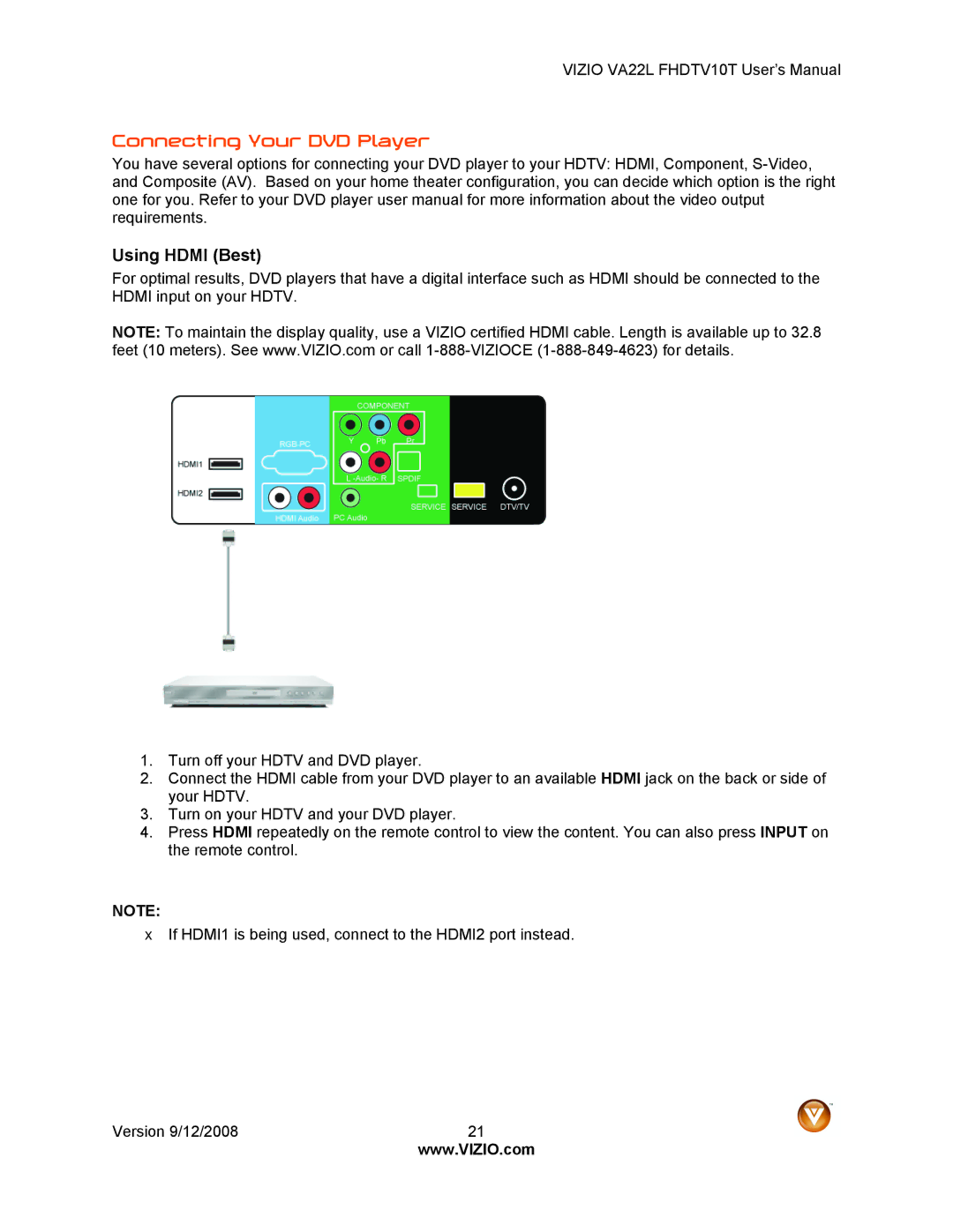 Vizio VA22LF HDTV10T user manual Connecting Your DVD Player, Using Hdmi Best 