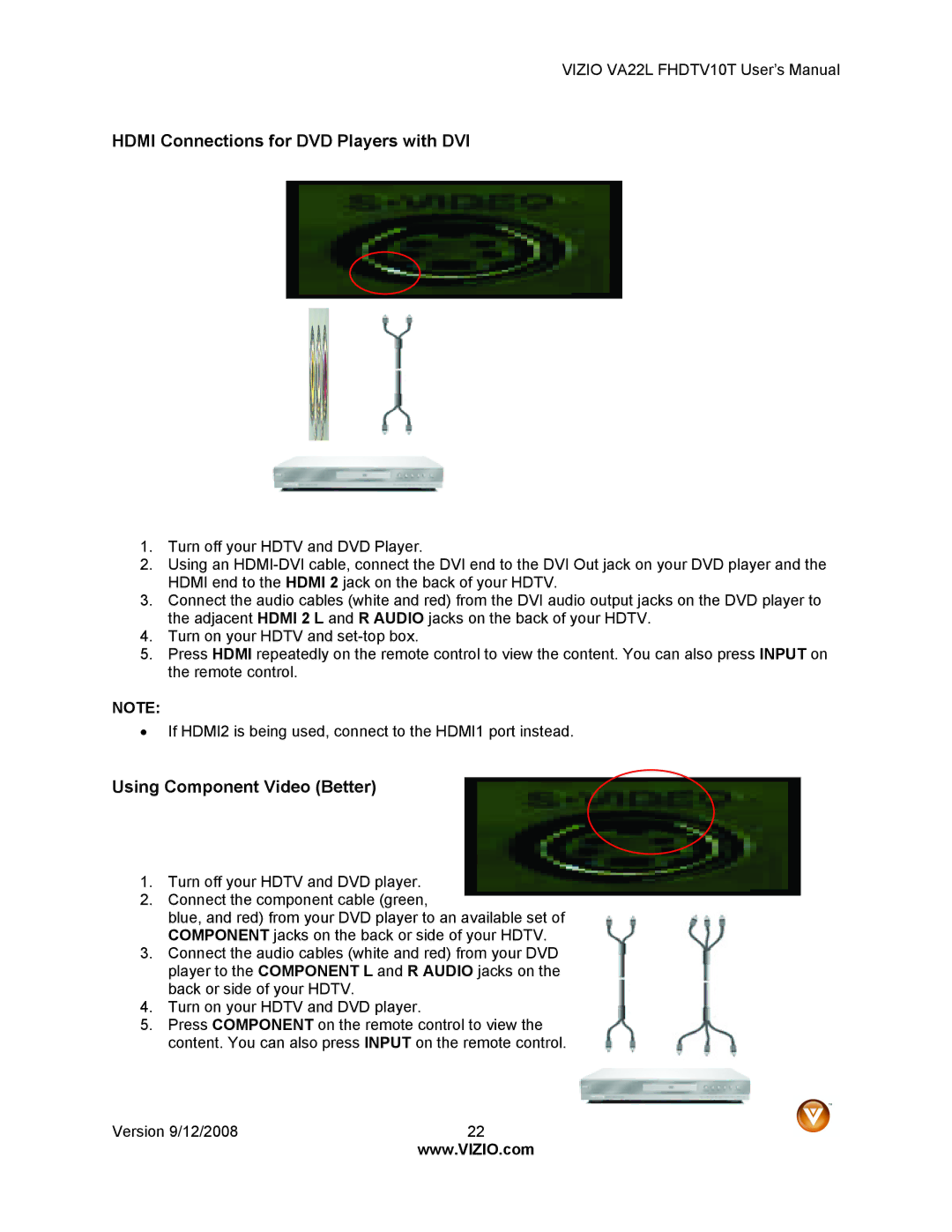 Vizio VA22LF HDTV10T user manual Hdmi Connections for DVD Players with DVI, Using Component Video Better 