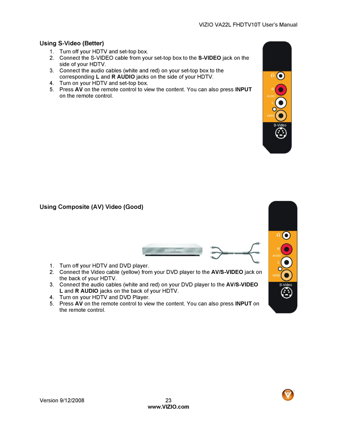 Vizio VA22LF HDTV10T user manual Using S-Video Better, Using Composite AV Video Good 