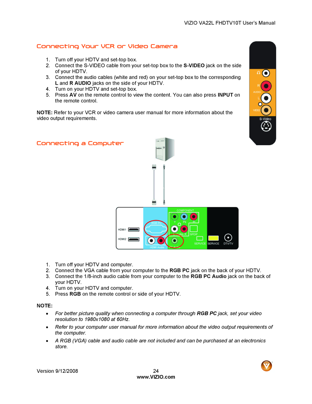 Vizio VA22LF HDTV10T user manual Connecting Your VCR or Video Camera, Connecting a Computer 