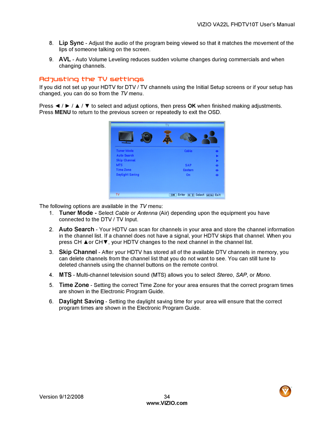 Vizio VA22LF HDTV10T user manual Adjusting the TV settings 