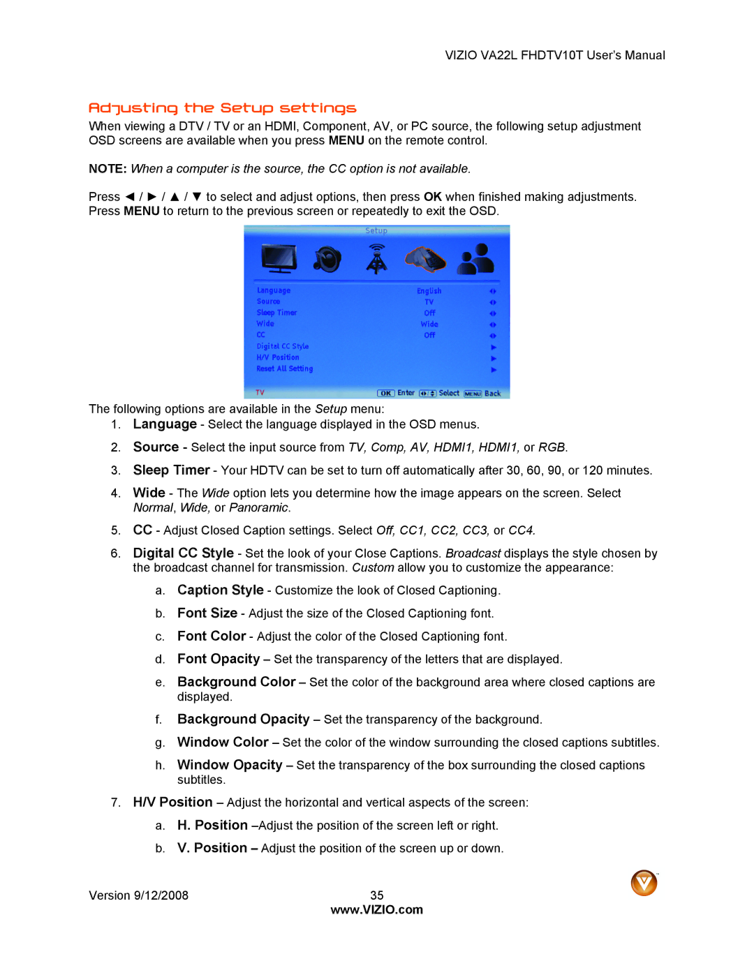 Vizio VA22LF HDTV10T user manual Adjusting the Setup settings 