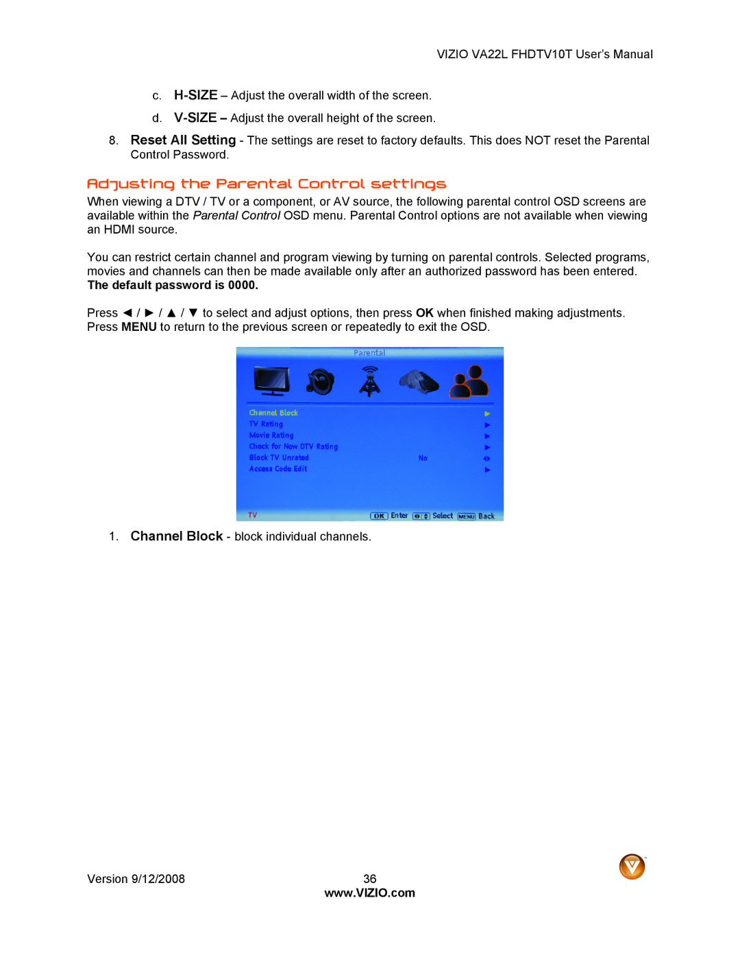 Vizio VA22LF HDTV10T user manual Adjusting the Parental Control settings, Default password is 