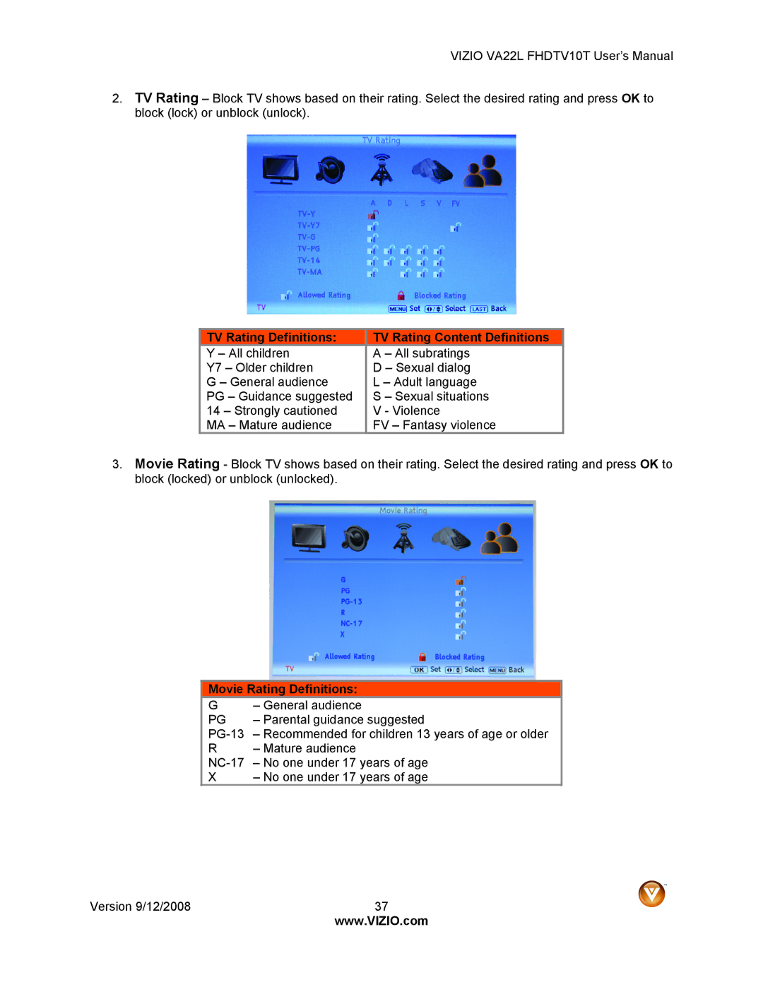 Vizio VA22LF HDTV10T user manual TV Rating Definitions TV Rating Content Definitions, Movie Rating Definitions 