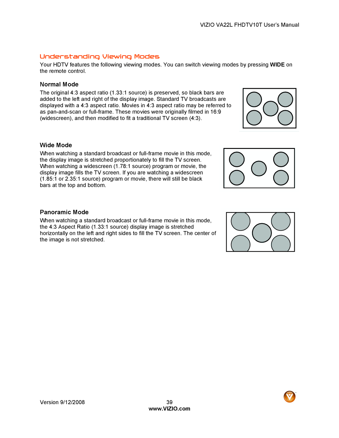 Vizio VA22LF HDTV10T user manual Understanding Viewing Modes, Normal Mode, Wide Mode, Panoramic Mode 