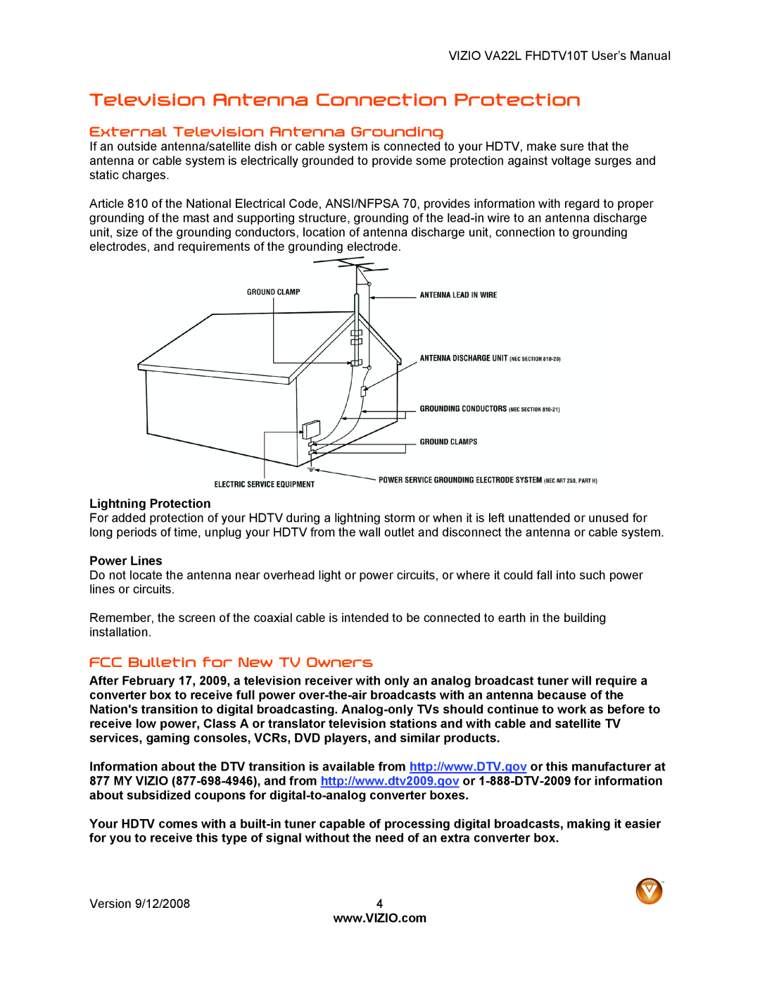 Vizio VA22LF HDTV10T Television Antenna Connection Protection, External Television Antenna Grounding, Lightning Protection 