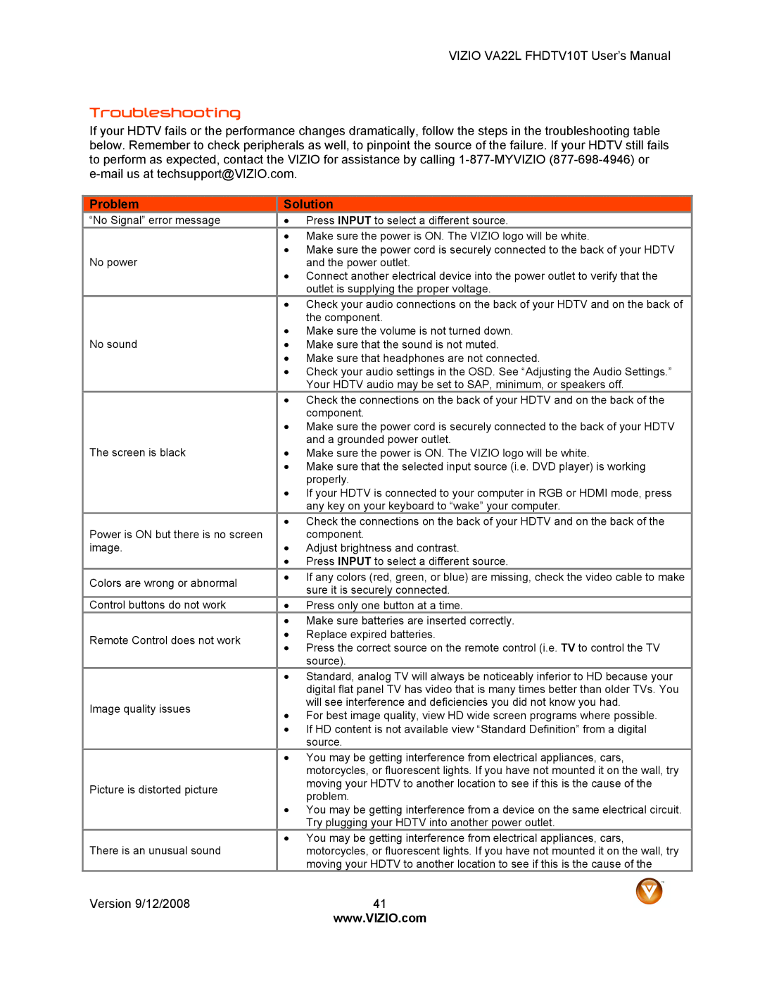 Vizio VA22LF HDTV10T user manual Troubleshooting, Problem, Solution 