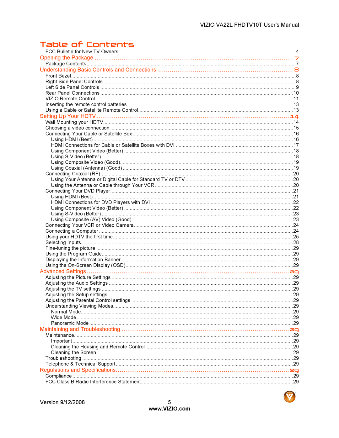 Vizio VA22LF HDTV10T user manual Table of Contents 