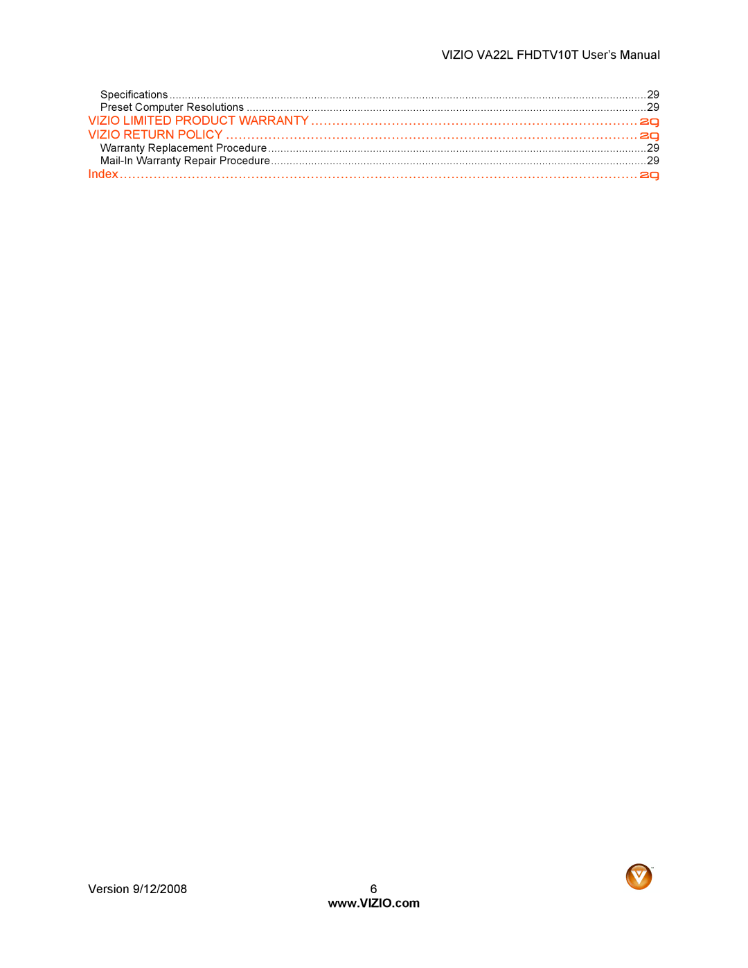 Vizio VA22LF HDTV10T user manual Index 