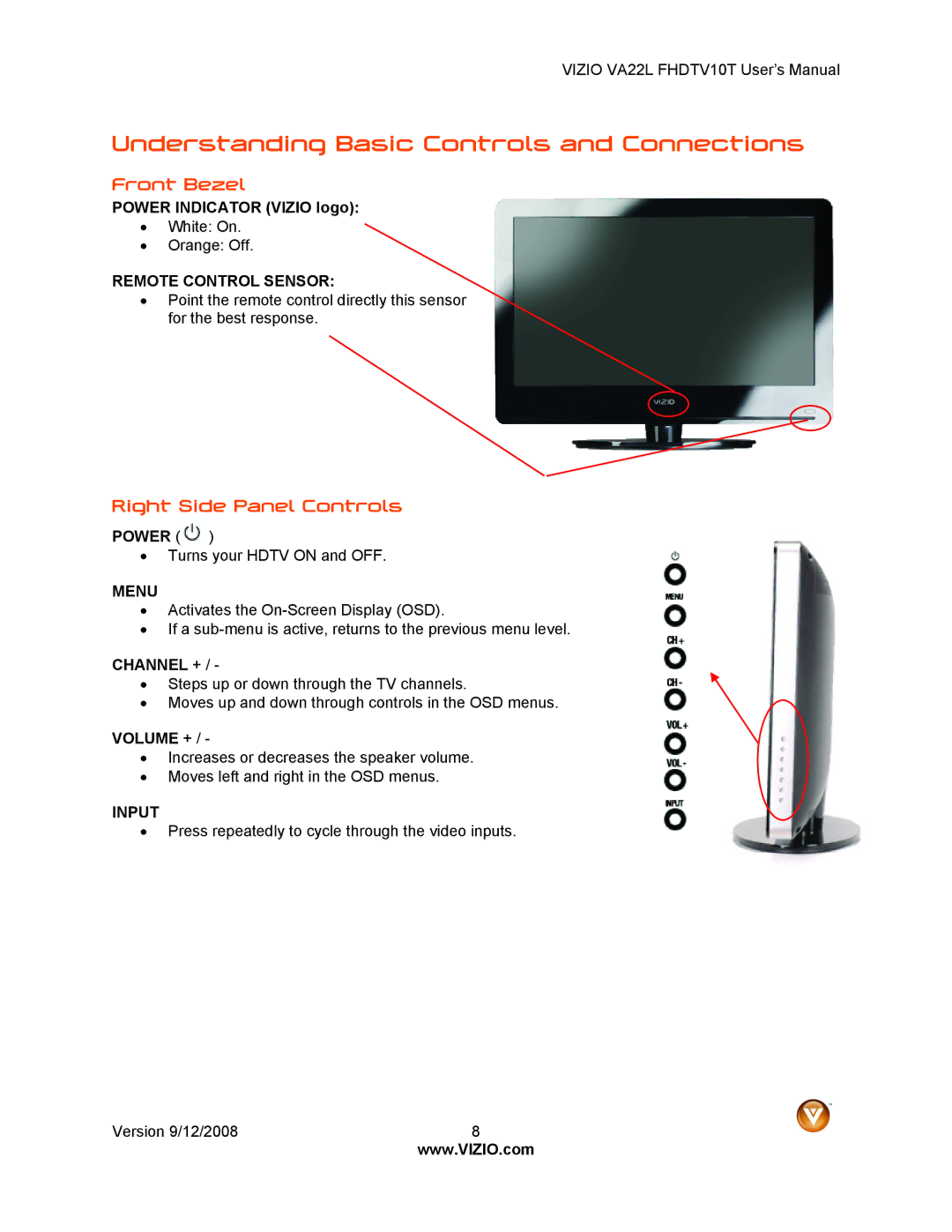 Vizio VA22LF HDTV10T user manual Understanding Basic Controls and Connections, Front Bezel, Right Side Panel Controls 