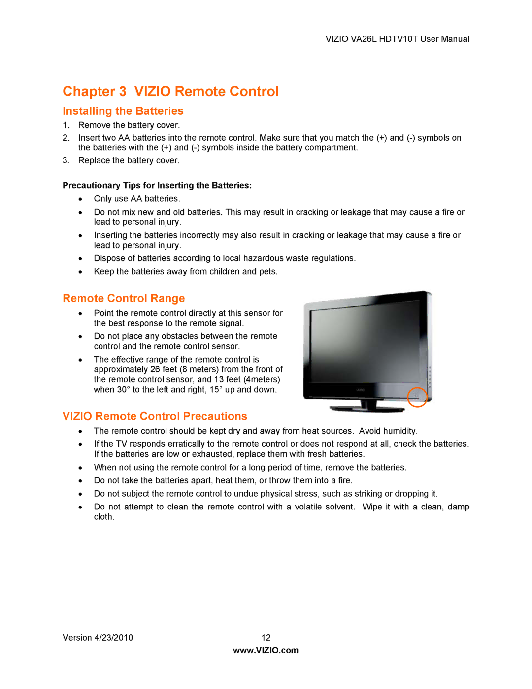 Vizio VA26L HDTV10T user manual Installing the Batteries, Remote Control Range, Vizio Remote Control Precautions 