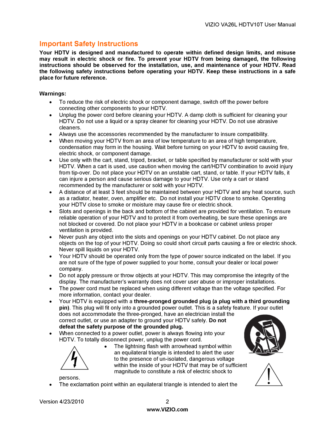 Vizio VA26L HDTV10T user manual Important Safety Instructions 