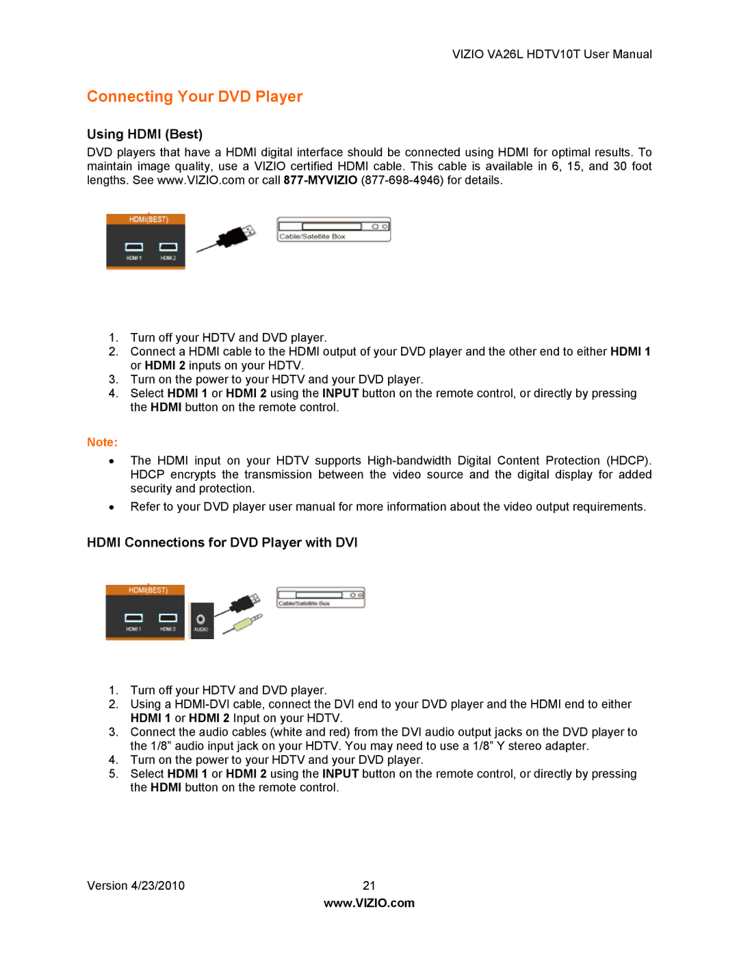 Vizio VA26L HDTV10T user manual Connecting Your DVD Player, Hdmi Connections for DVD Player with DVI 