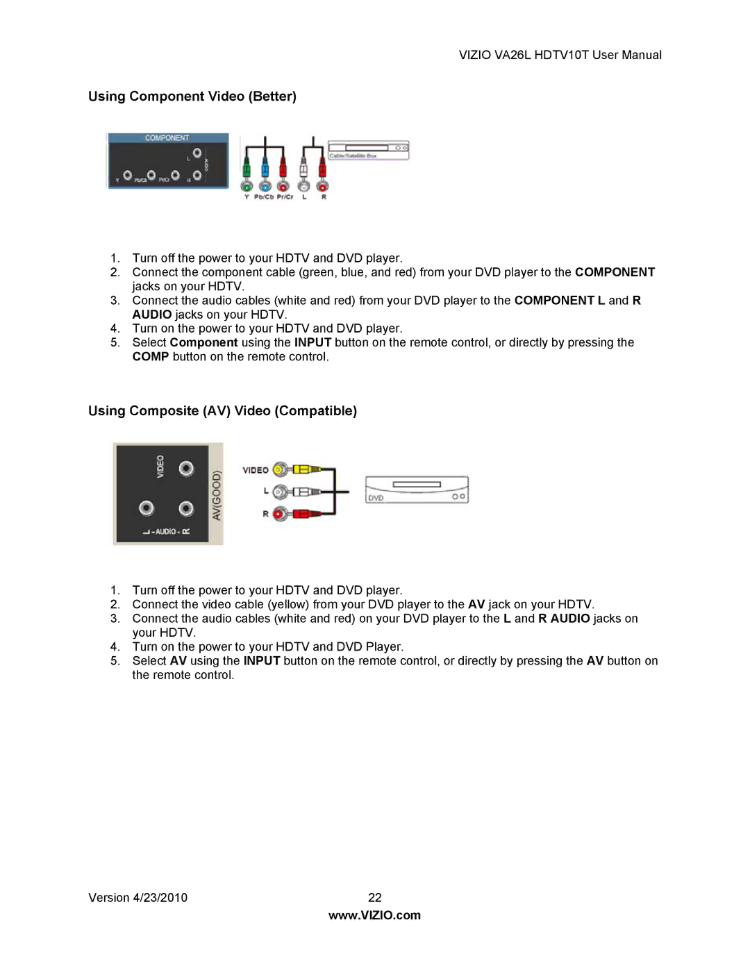 Vizio VA26L HDTV10T user manual Using Component Video Better, Using Composite AV Video Compatible 