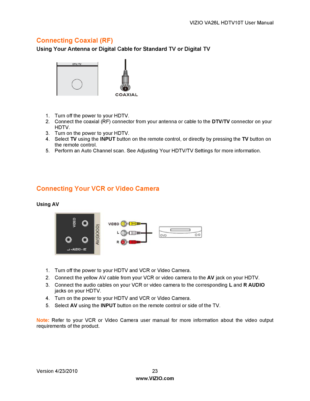 Vizio VA26L HDTV10T user manual Connecting Coaxial RF, Connecting Your VCR or Video Camera, Using AV 