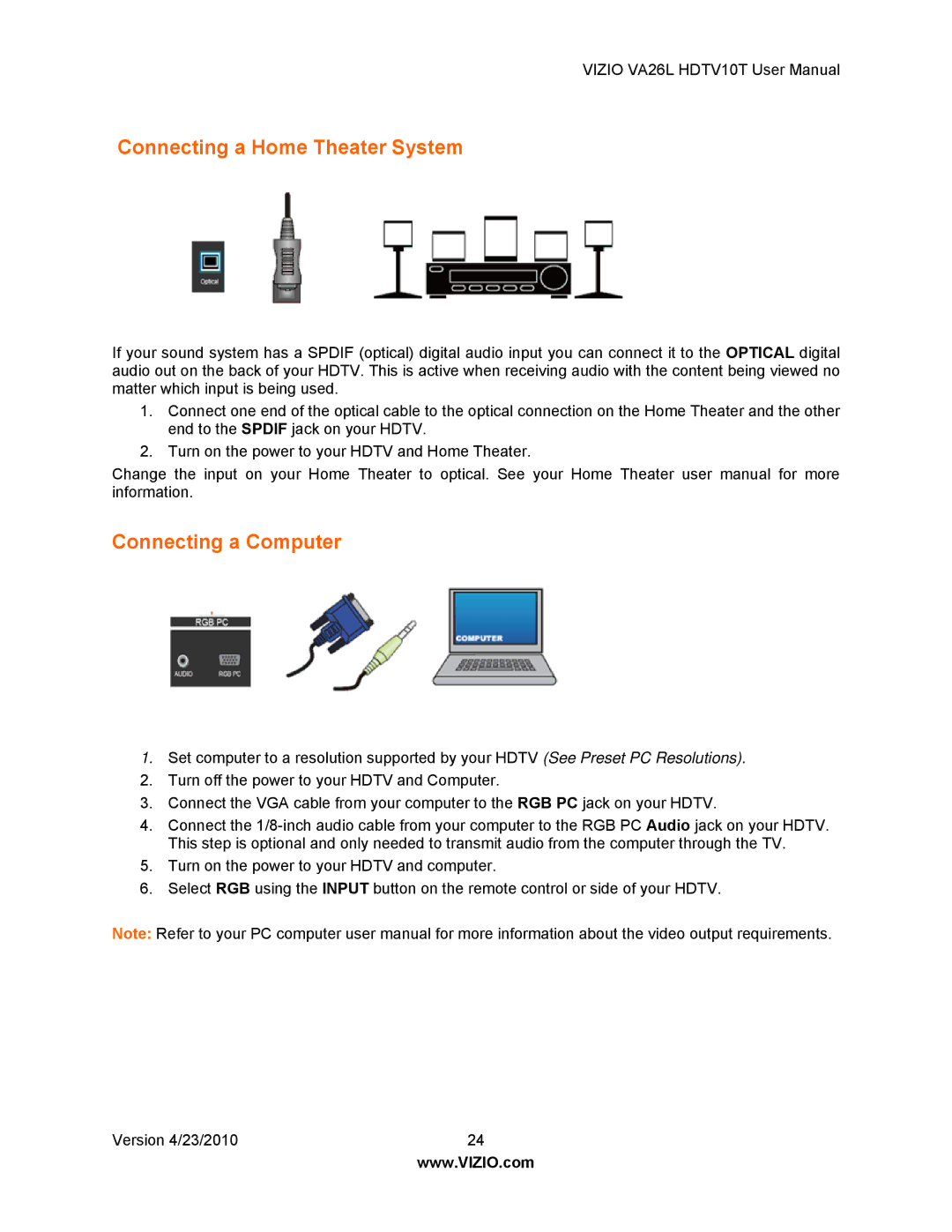 Vizio VA26L HDTV10T user manual Connecting a Home Theater System, Connecting a Computer 