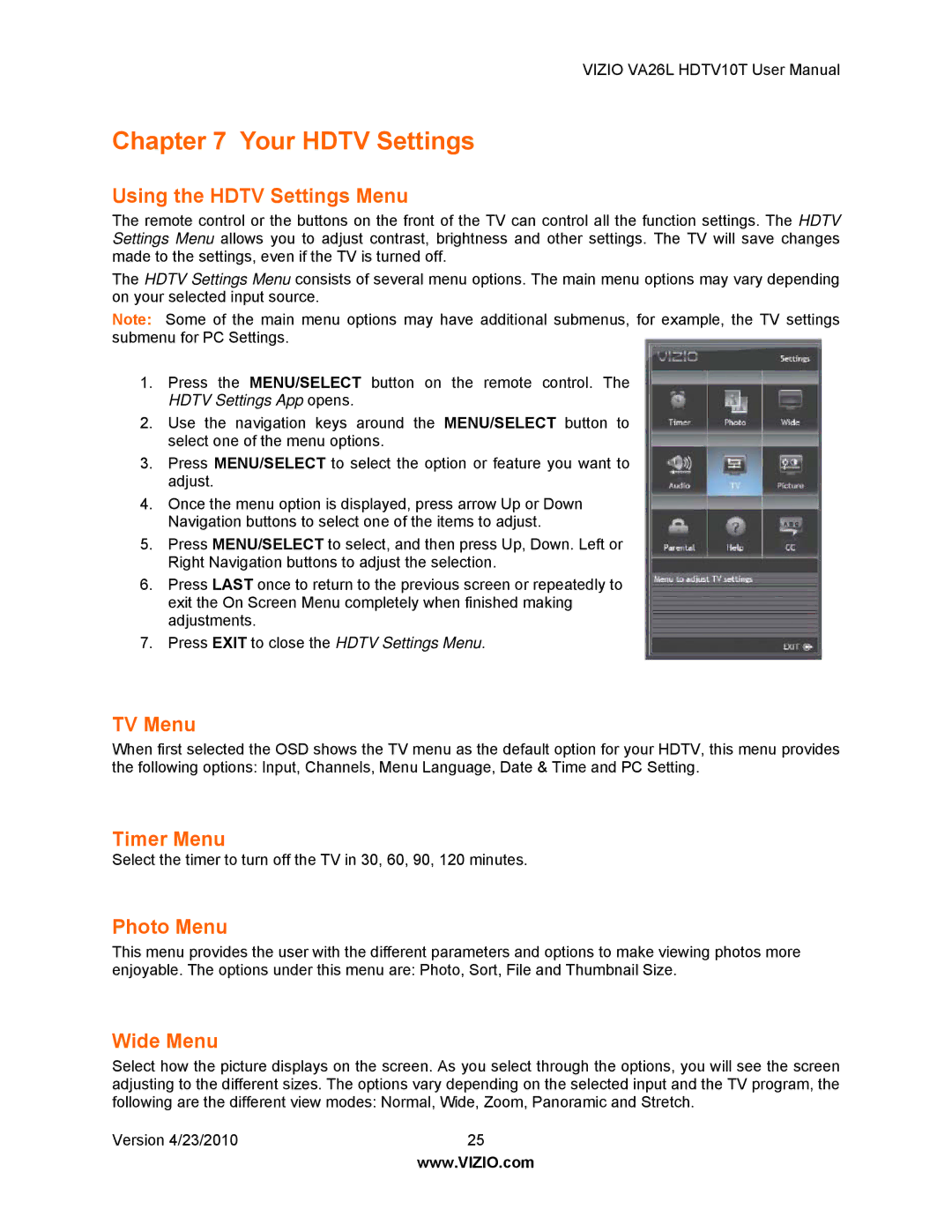 Vizio VA26L HDTV10T user manual Your Hdtv Settings 