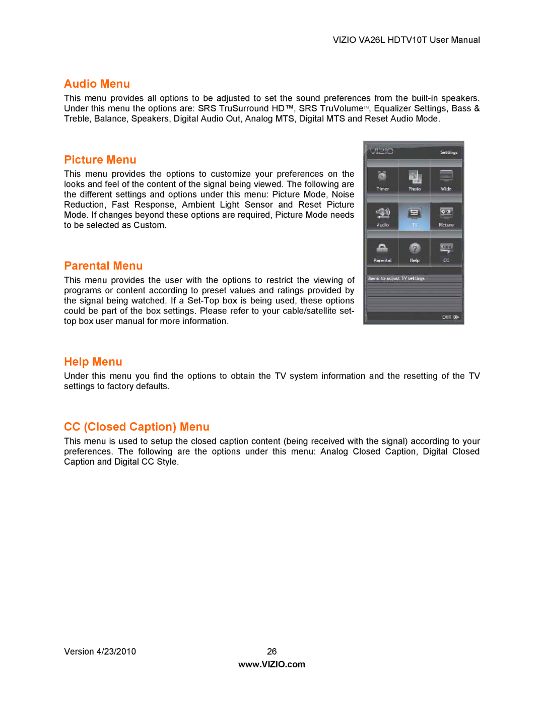 Vizio VA26L HDTV10T user manual Audio Menu, Picture Menu, Parental Menu Help Menu, CC Closed Caption Menu 