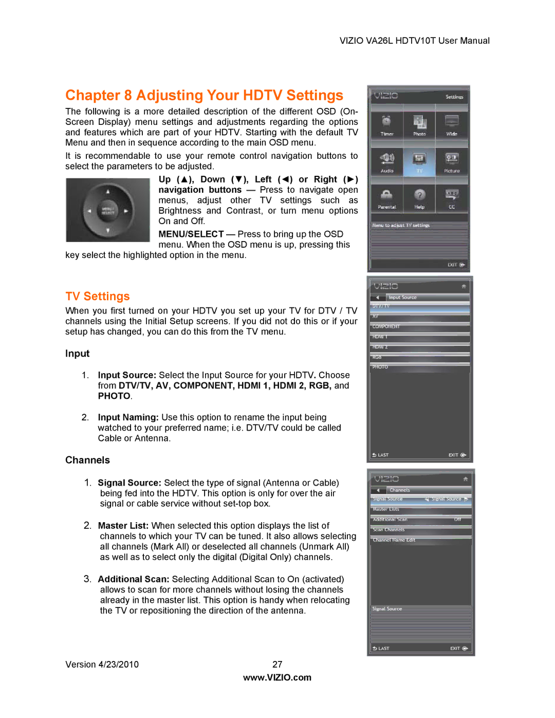 Vizio VA26L HDTV10T user manual Adjusting Your Hdtv Settings, TV Settings, Input, Channels 