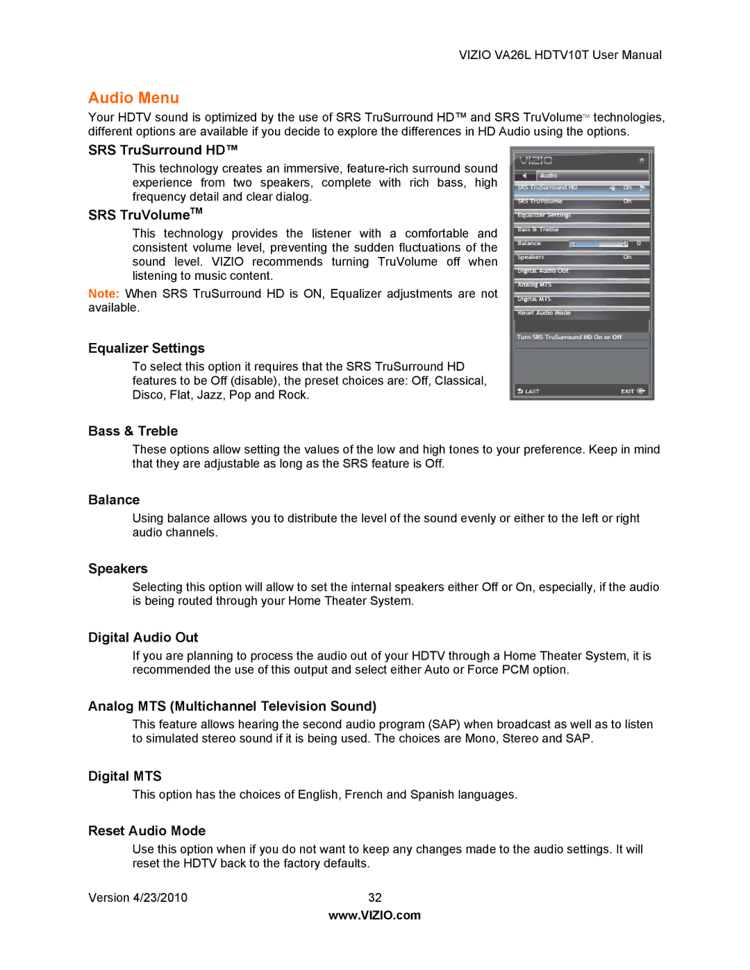 Vizio VA26L HDTV10T SRS TruSurround HD, SRS TruVolumeTM, Equalizer Settings, Bass & Treble, Balance, Speakers, Digital MTS 