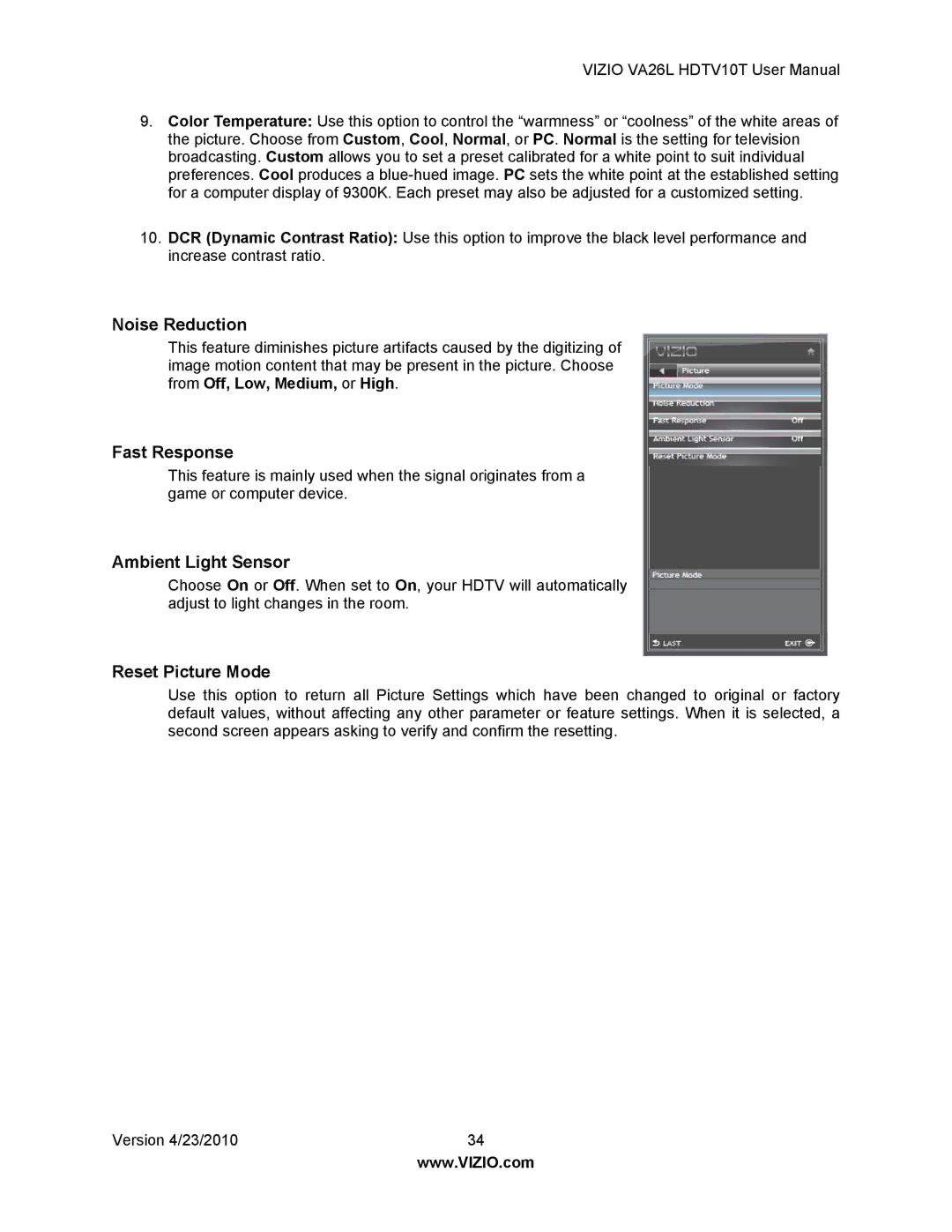 Vizio VA26L HDTV10T user manual Noise Reduction, Fast Response, Ambient Light Sensor, Reset Picture Mode 