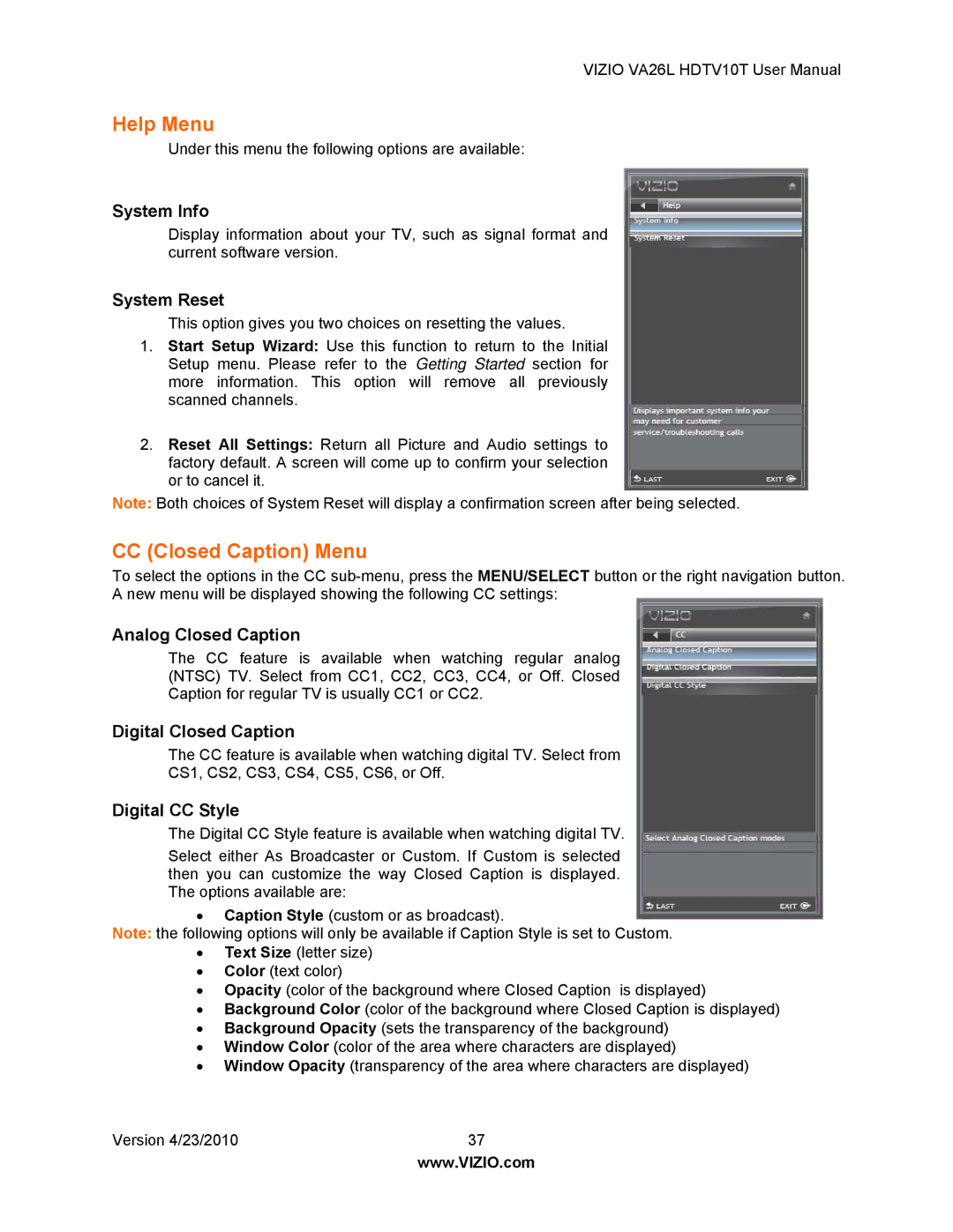 Vizio VA26L HDTV10T user manual System Info, System Reset, Analog Closed Caption, Digital Closed Caption, Digital CC Style 