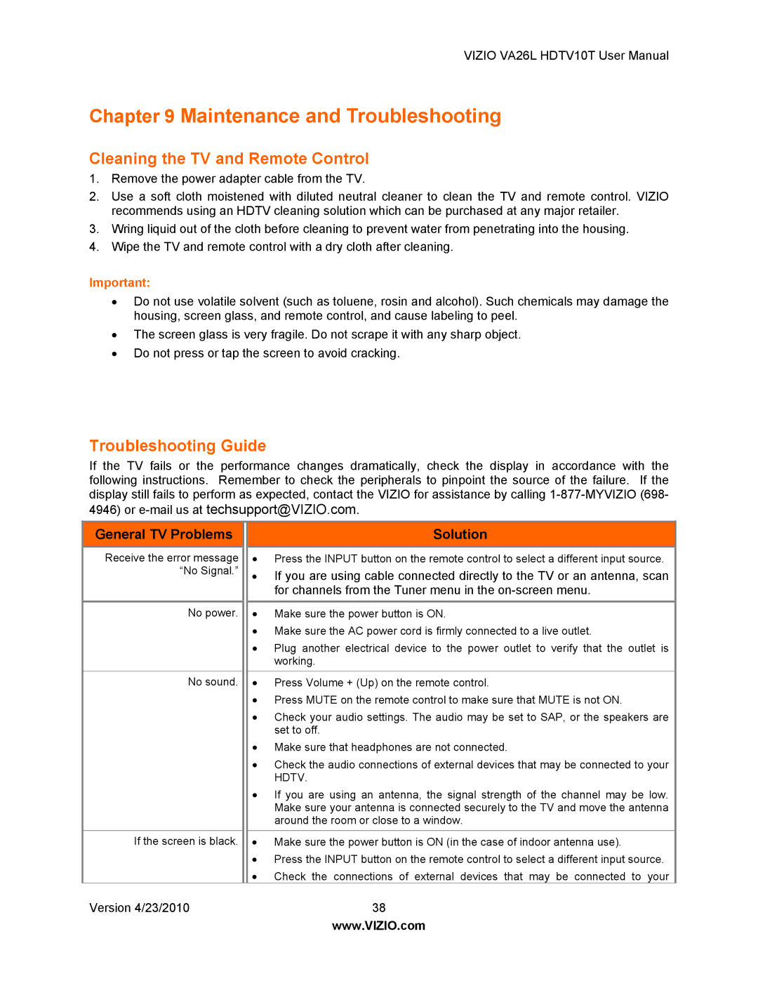 Vizio VA26L HDTV10T user manual Maintenance and Troubleshooting, Cleaning the TV and Remote Control, Troubleshooting Guide 