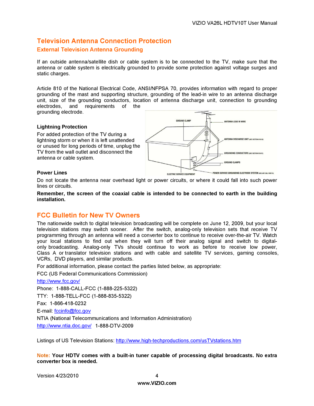 Vizio VA26L HDTV10T Television Antenna Connection Protection, FCC Bulletin for New TV Owners, Lightning Protection 