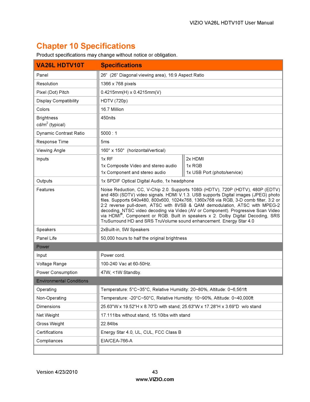 Vizio VA26L HDTV10T user manual Specifications 