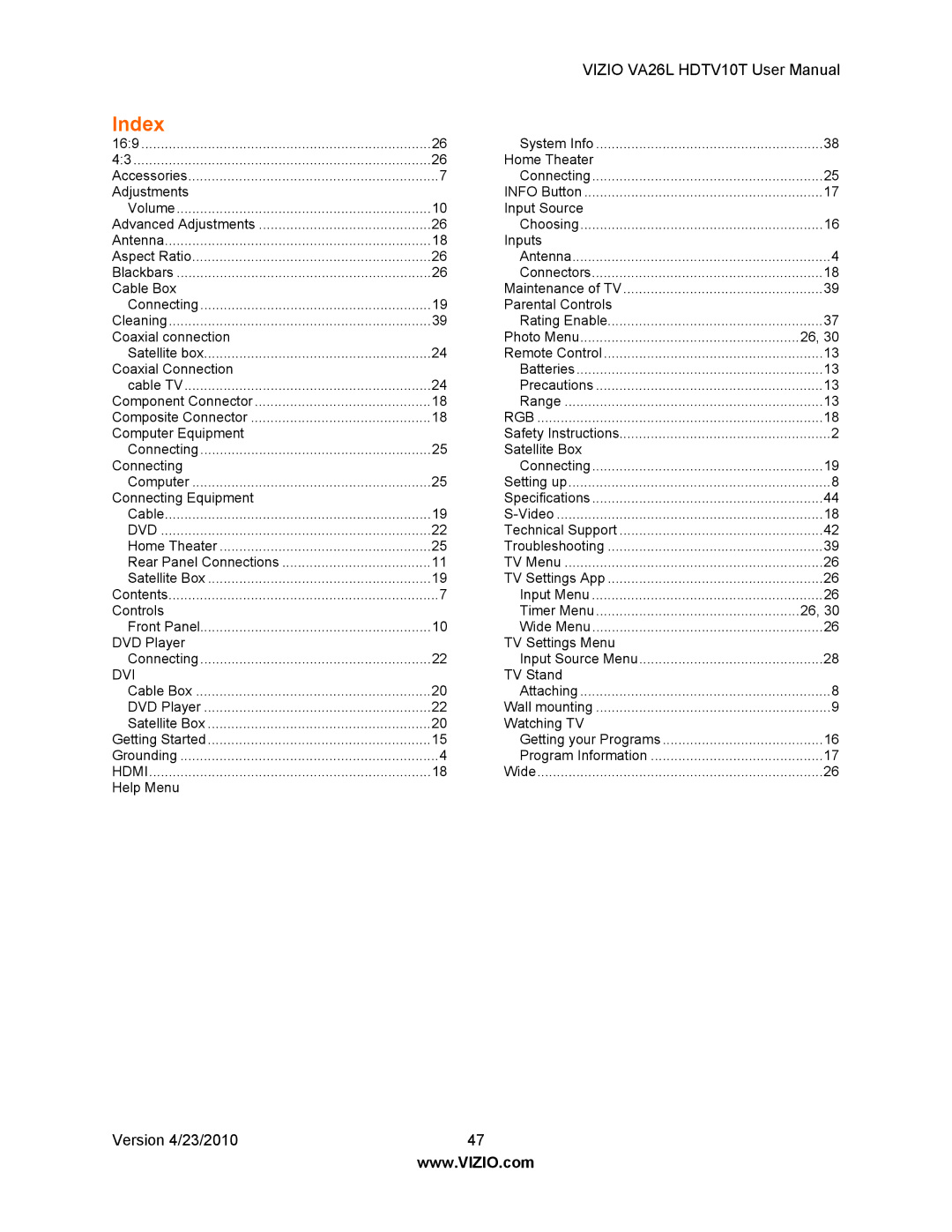 Vizio VA26L HDTV10T user manual Index, Dvd 