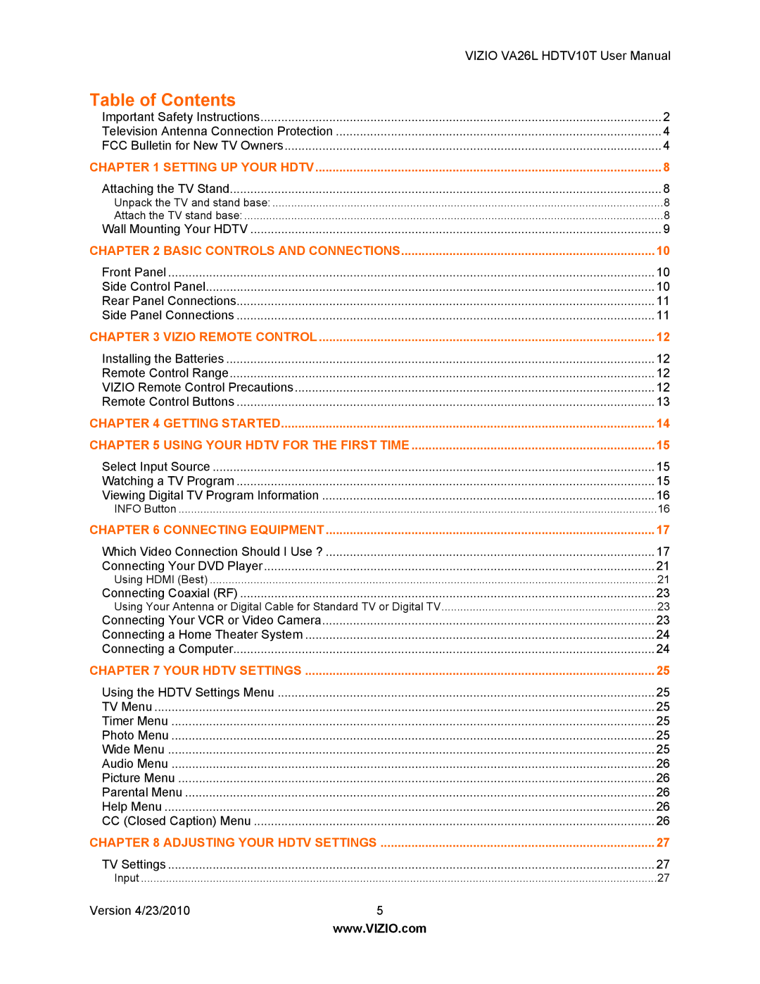 Vizio VA26L HDTV10T user manual Table of Contents 