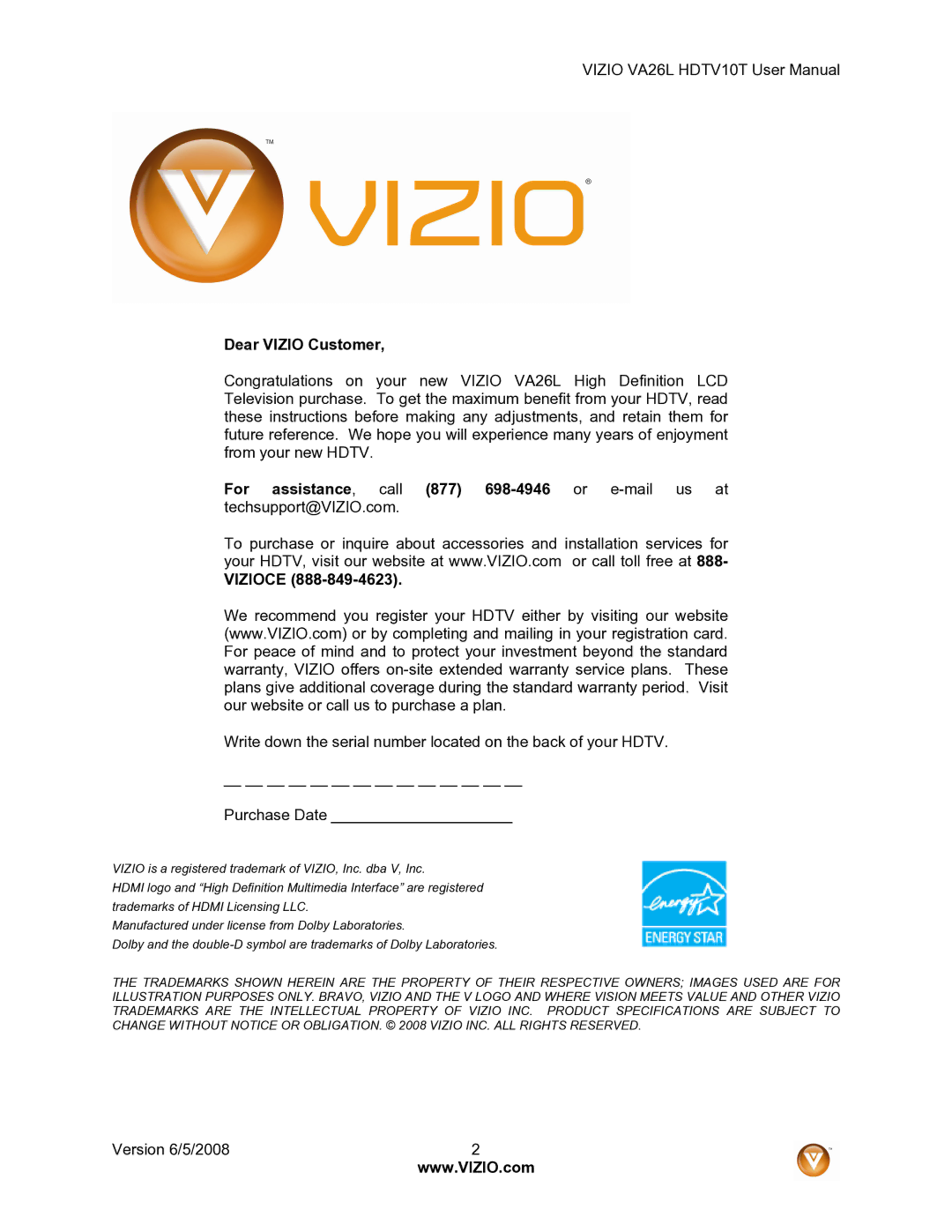 Vizio VA26L user manual Dear Vizio Customer 