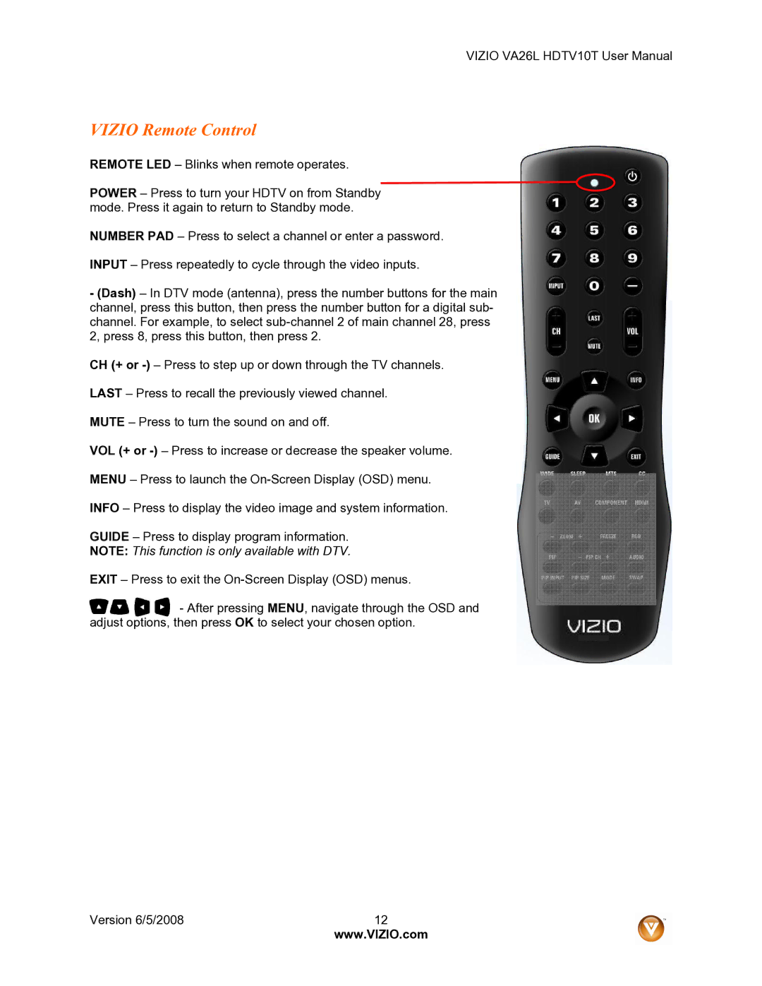 Vizio VA26L user manual Vizio Remote Control 