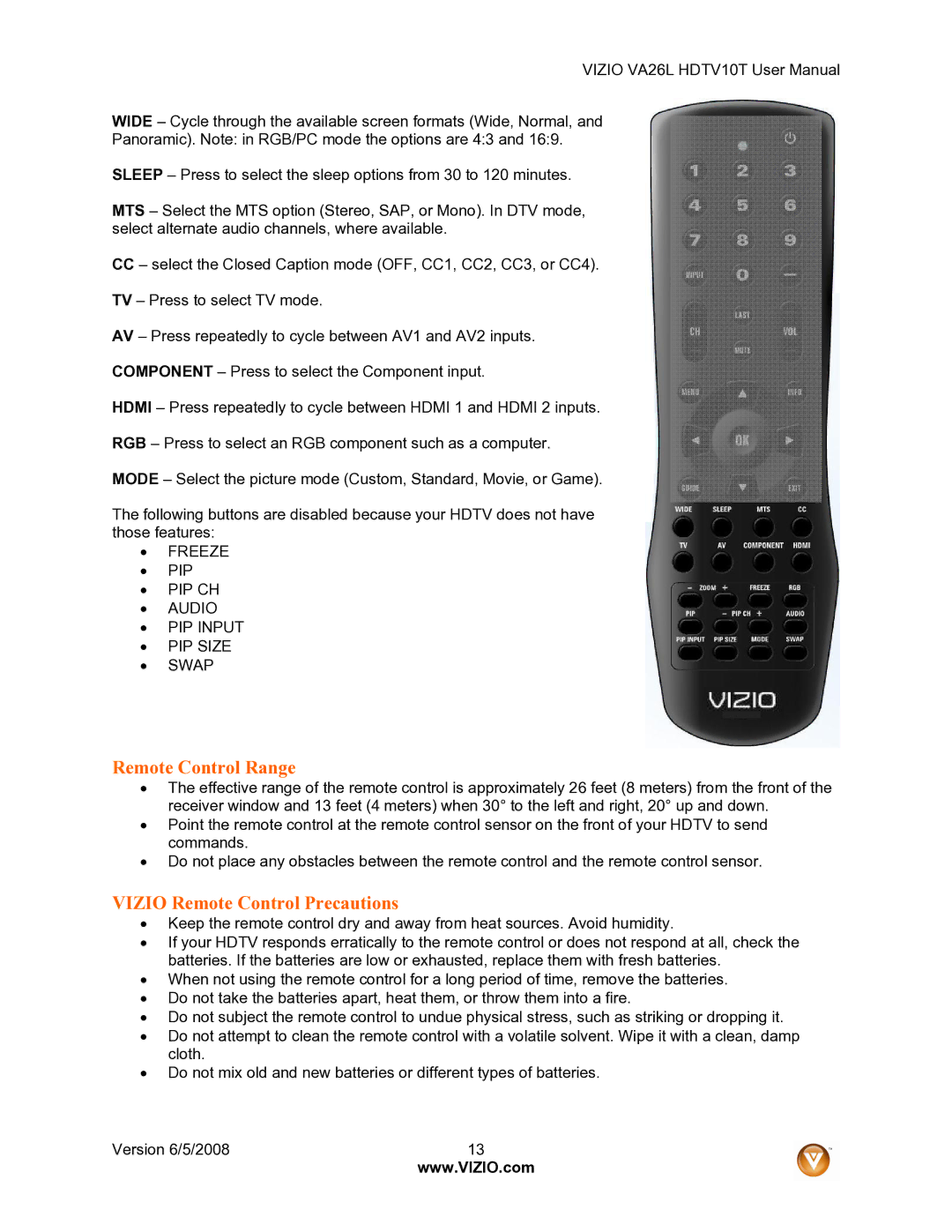 Vizio VA26L user manual Remote Control Range, Vizio Remote Control Precautions 