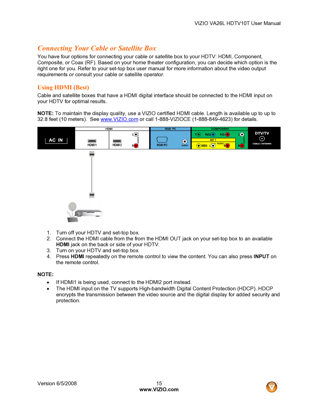 Vizio VA26L user manual Connecting Your Cable or Satellite Box, Using Hdmi Best 