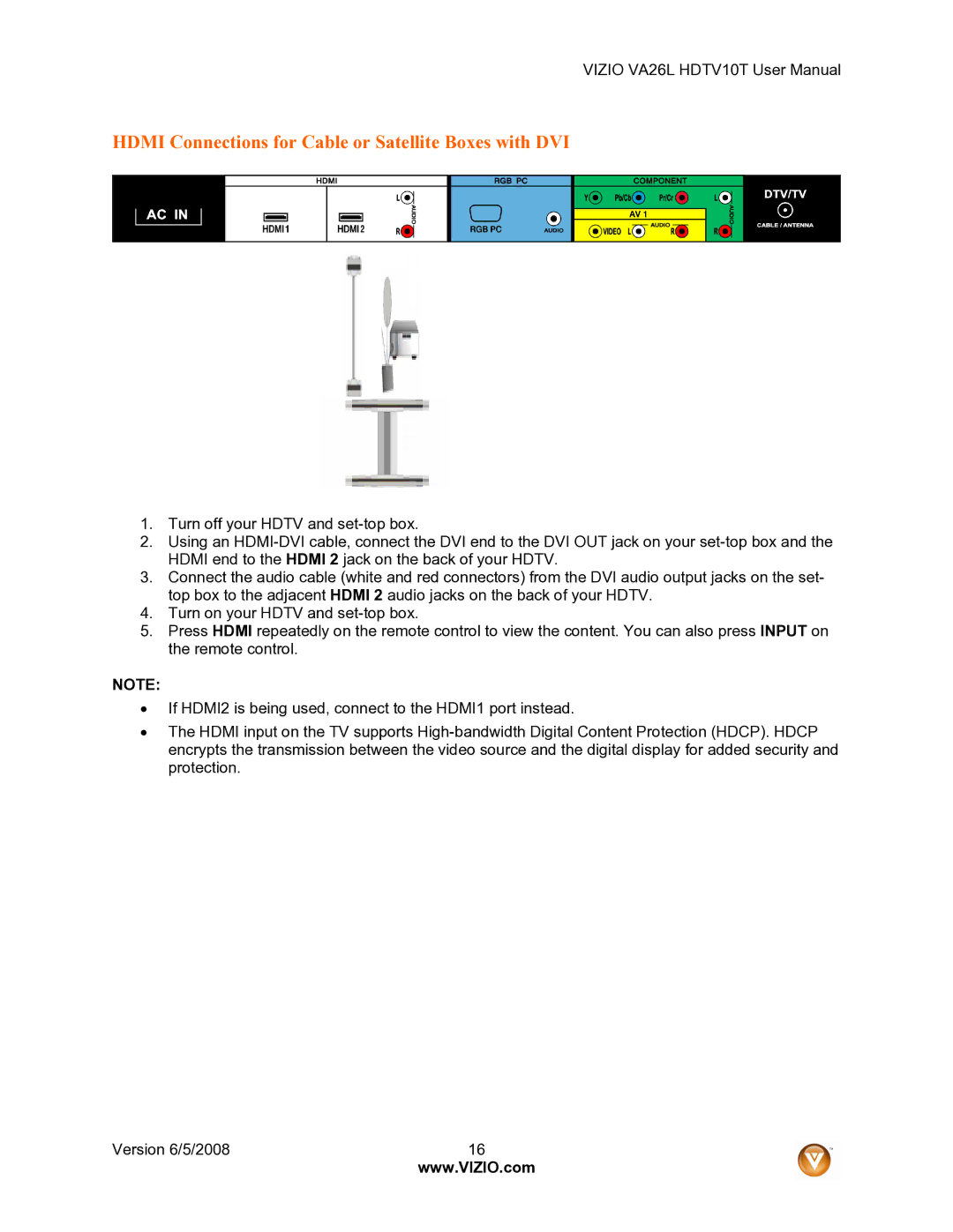 Vizio VA26L user manual Hdmi Connections for Cable or Satellite Boxes with DVI 