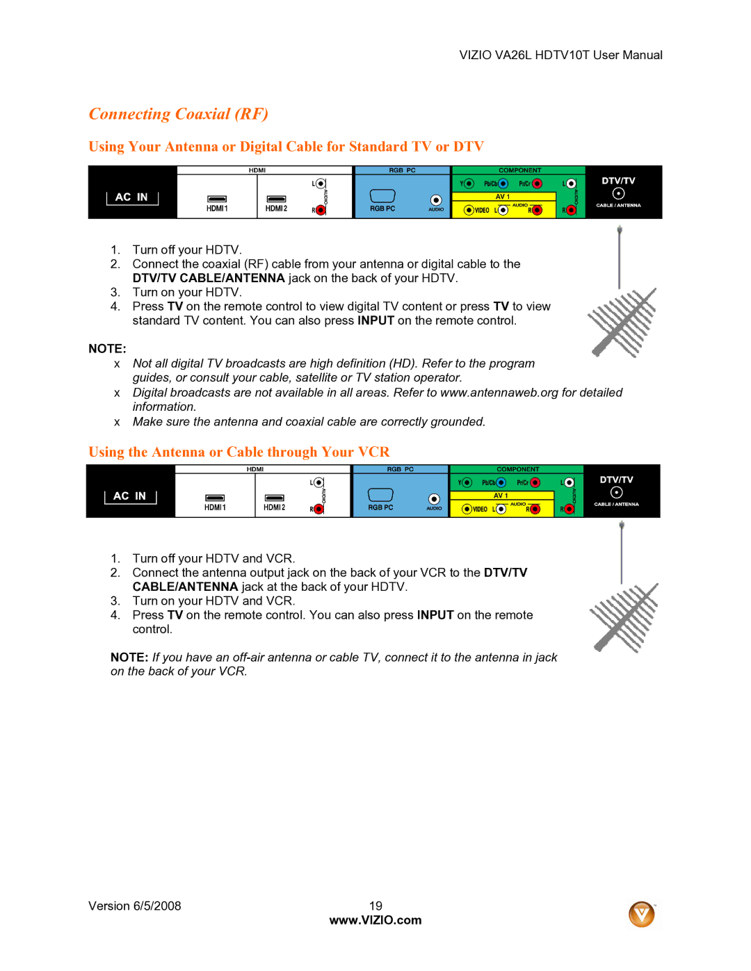 Vizio VA26L user manual Connecting Coaxial RF, Using Your Antenna or Digital Cable for Standard TV or DTV 