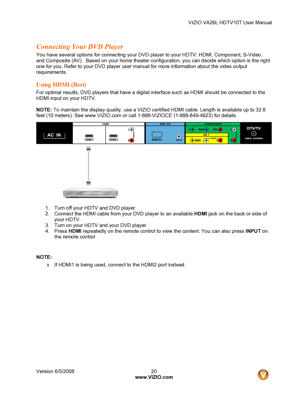 Vizio VA26L user manual Connecting Your DVD Player, Using Hdmi Best 