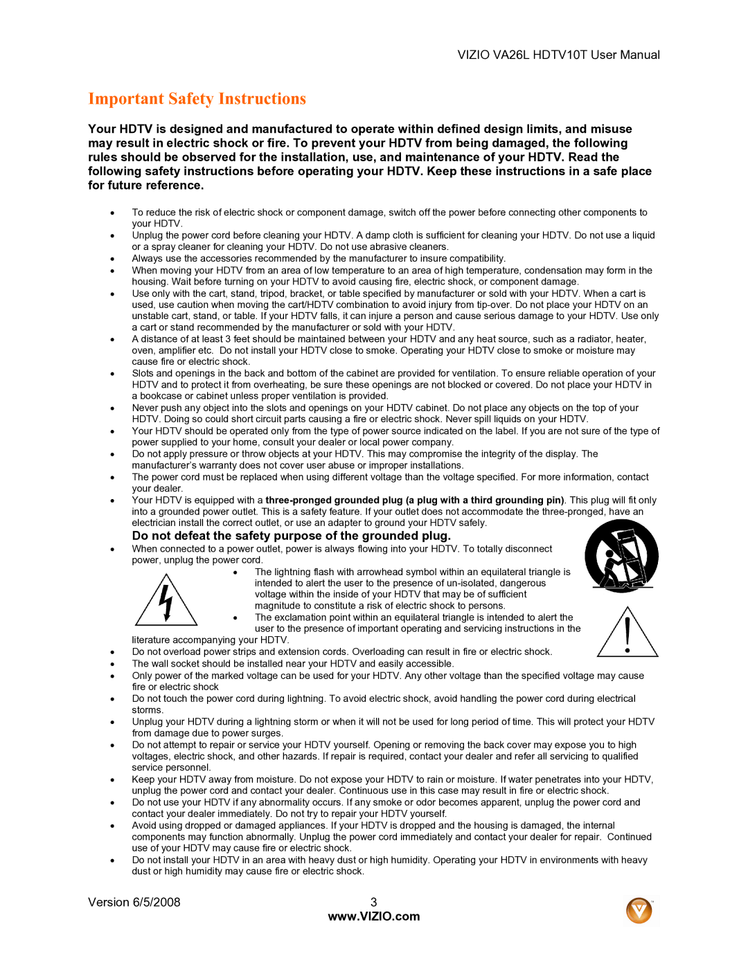 Vizio VA26L user manual Important Safety Instructions, Do not defeat the safety purpose of the grounded plug 