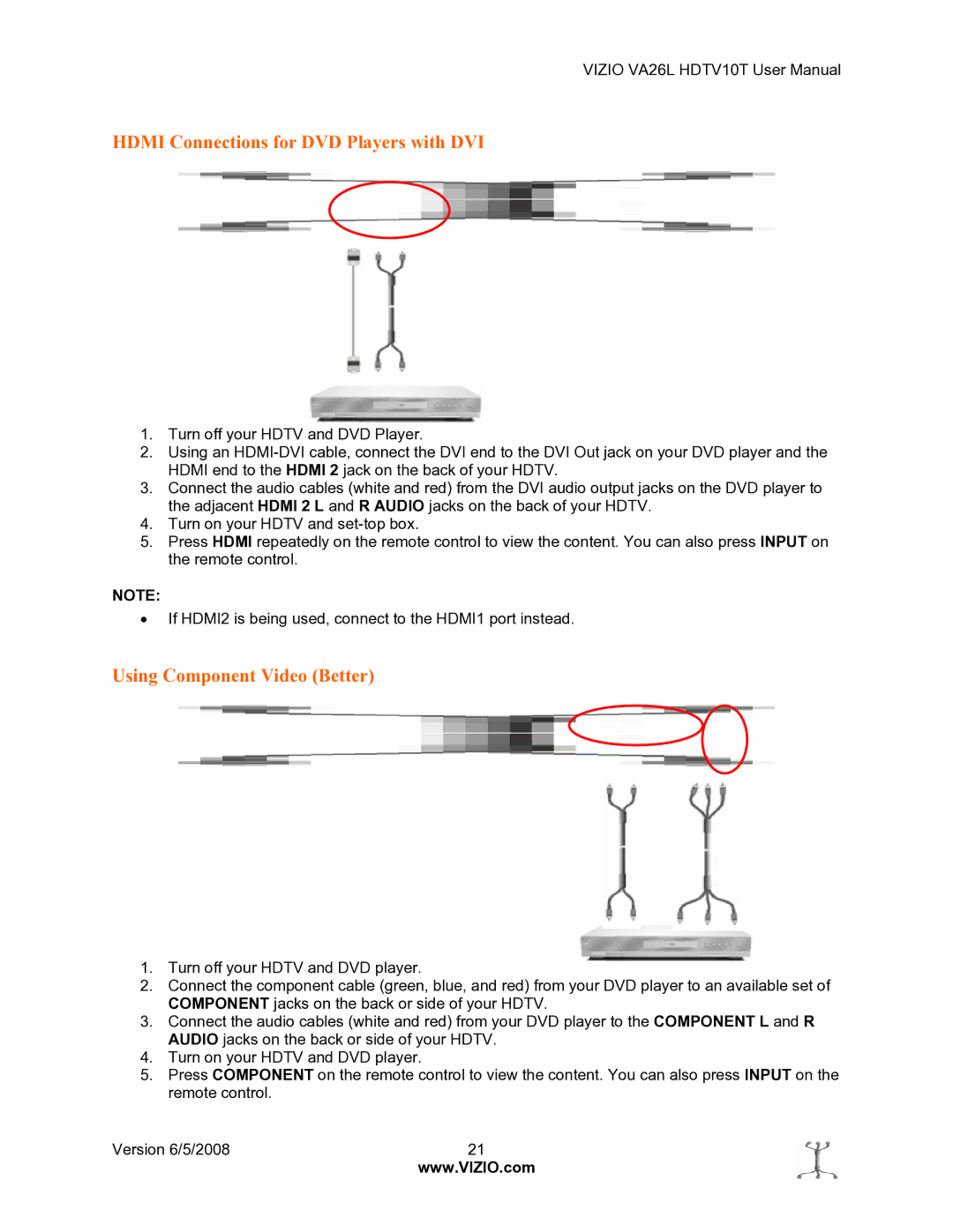 Vizio VA26L user manual Hdmi Connections for DVD Players with DVI, Using Component Video Better 