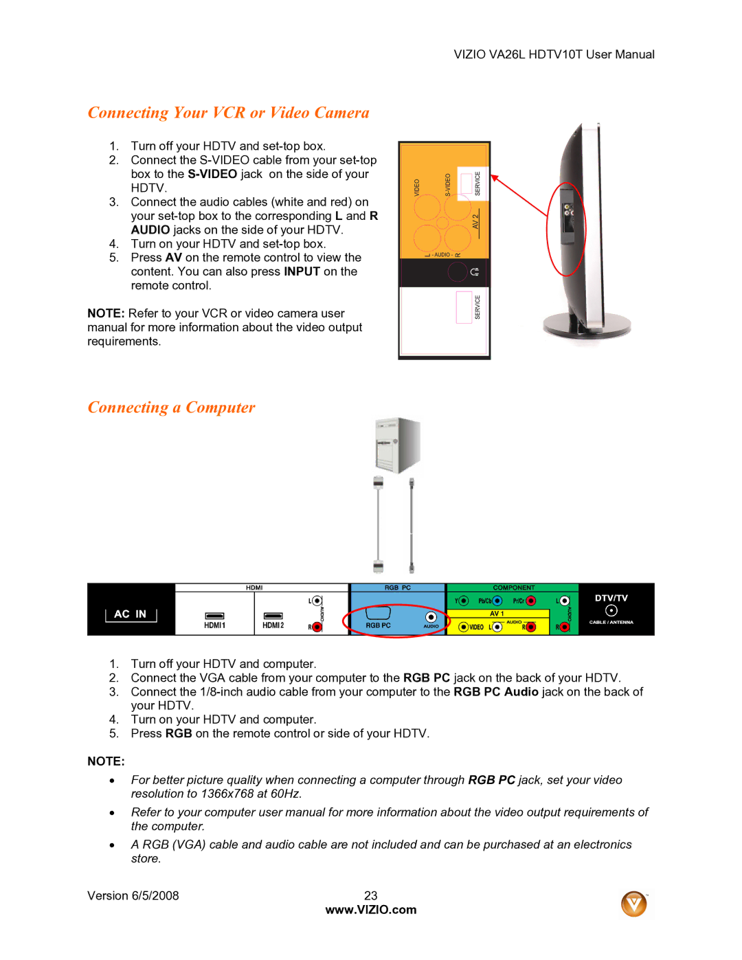 Vizio VA26L user manual Connecting Your VCR or Video Camera, Connecting a Computer 