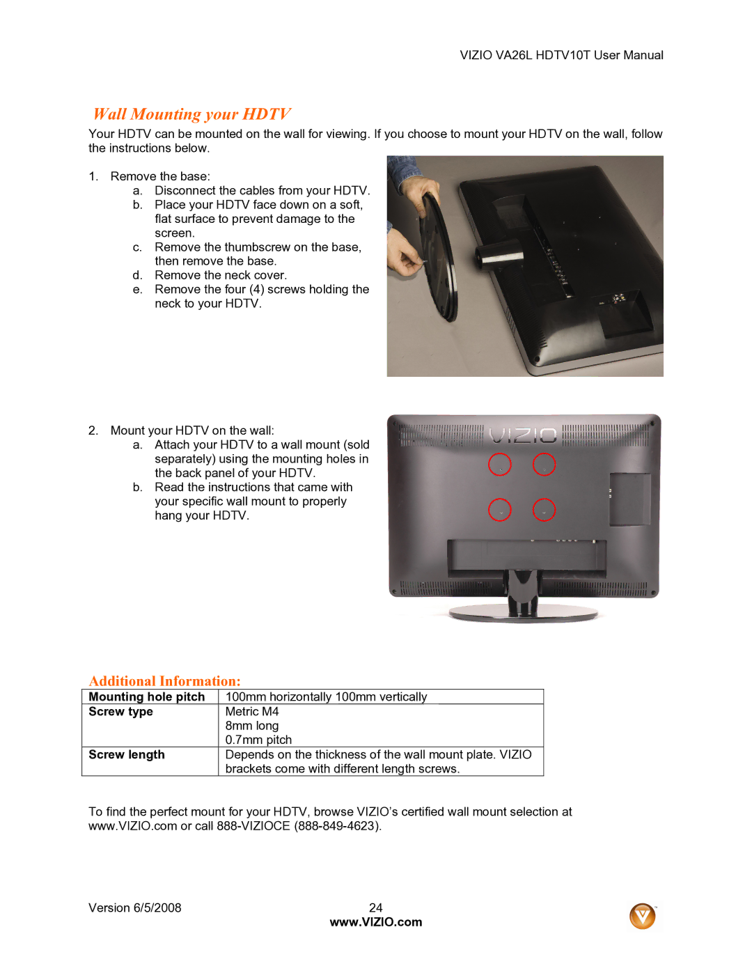 Vizio VA26L user manual Wall Mounting your Hdtv, Additional Information, Mounting hole pitch, Screw type, Screw length 