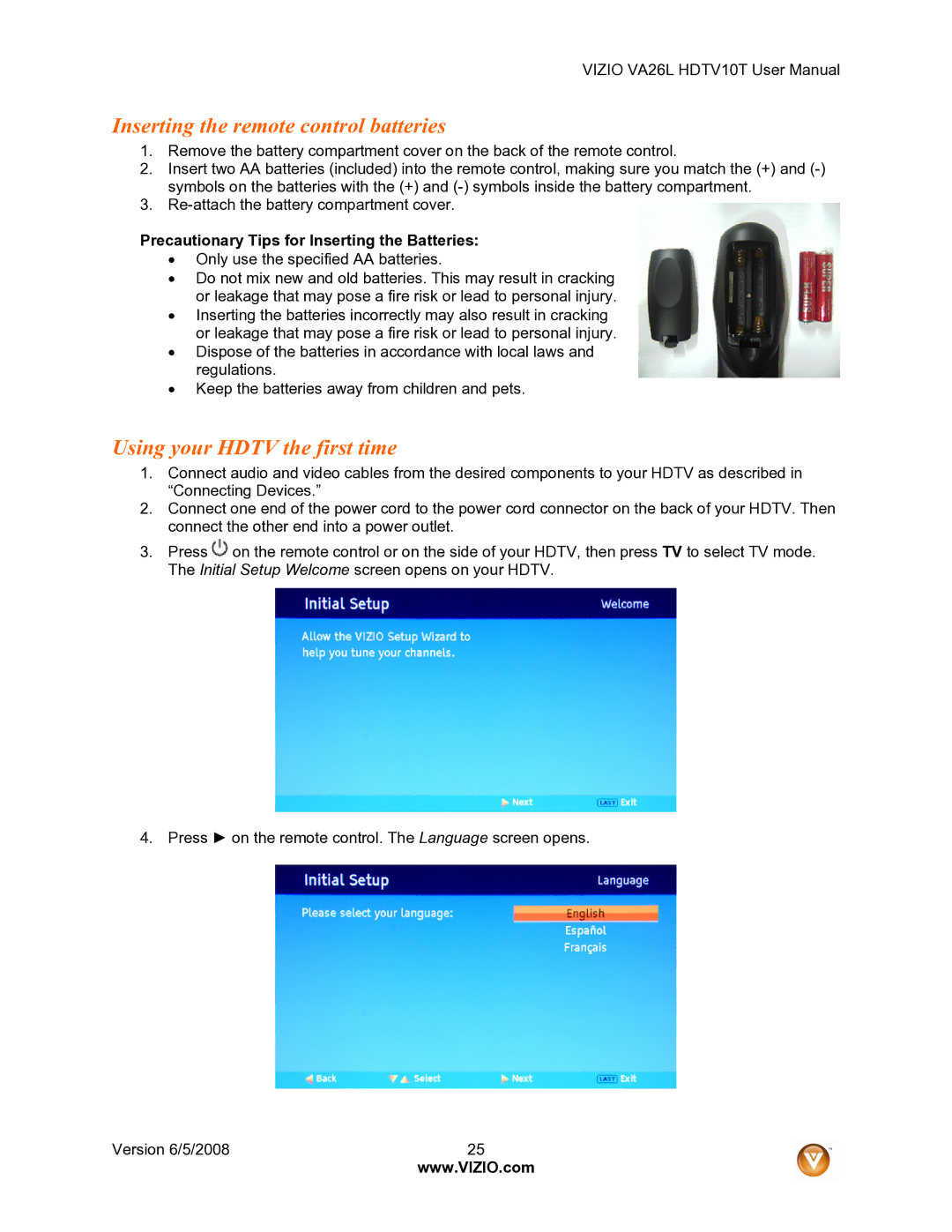 Vizio VA26L user manual Inserting the remote control batteries, Using your Hdtv the first time 