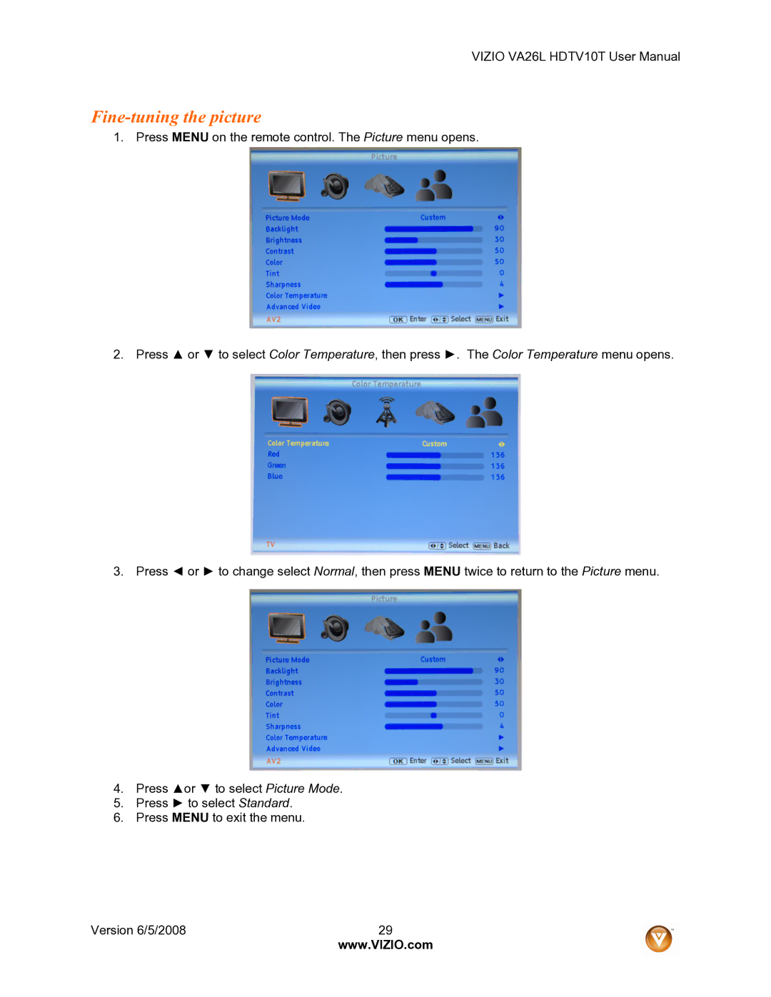 Vizio VA26L user manual Fine-tuning the picture 