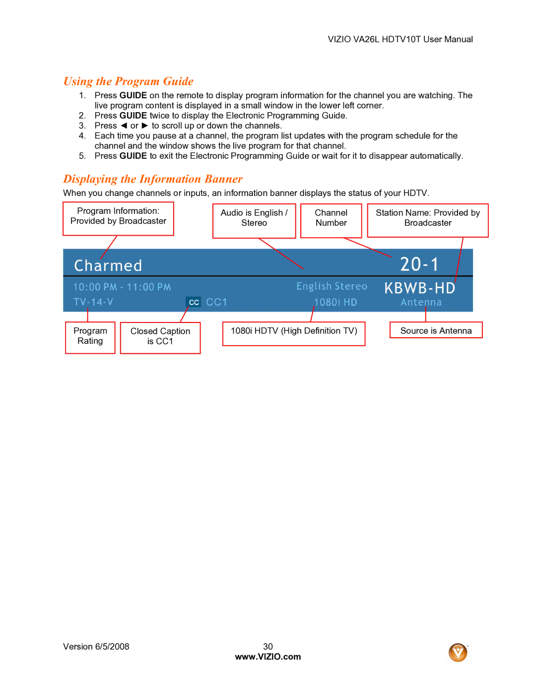 Vizio VA26L user manual Using the Program Guide, Displaying the Information Banner 