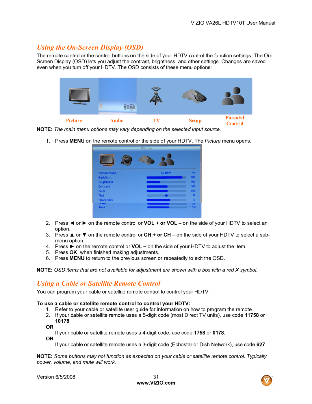 Vizio VA26L user manual Using the On-Screen Display OSD, Using a Cable or Satellite Remote Control 