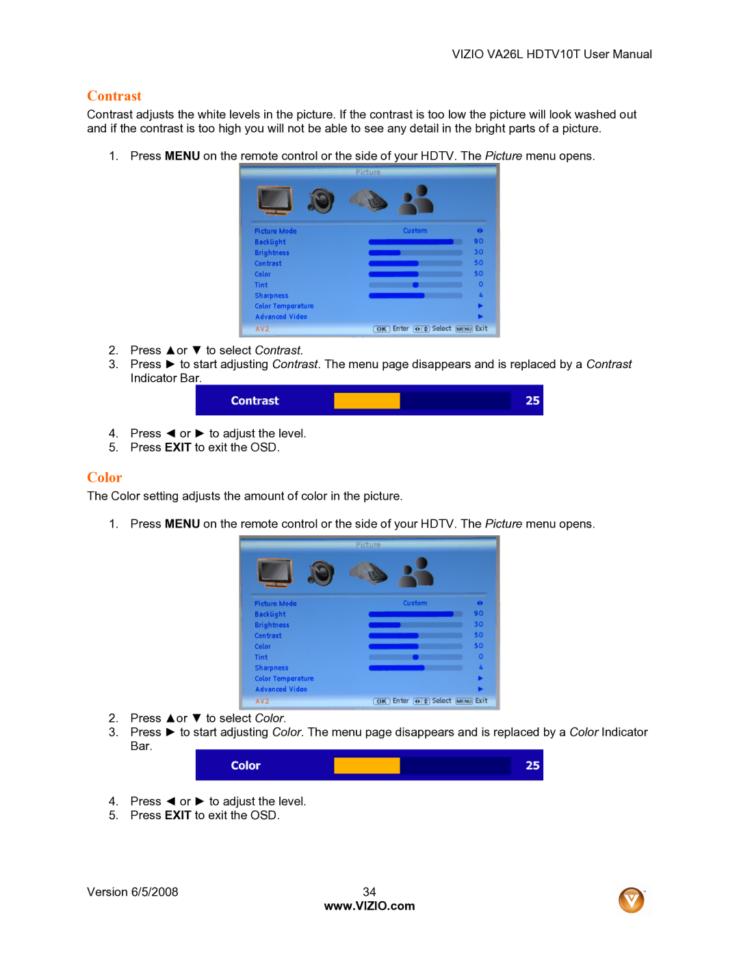 Vizio VA26L user manual Contrast, Color 