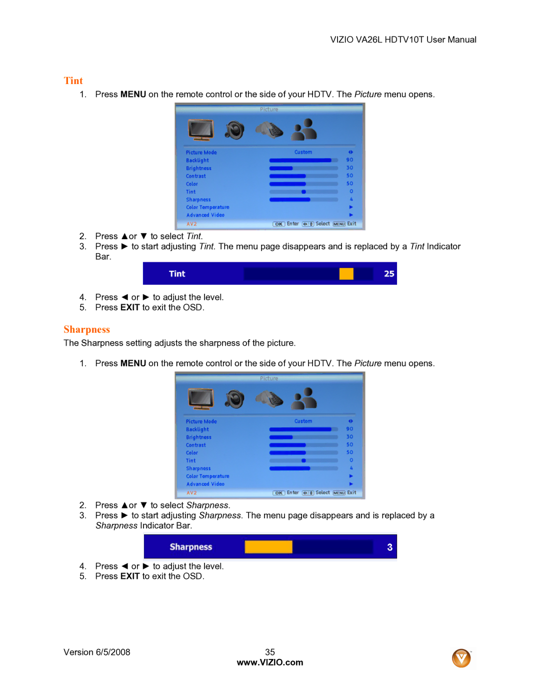 Vizio VA26L user manual Tint, Sharpness 
