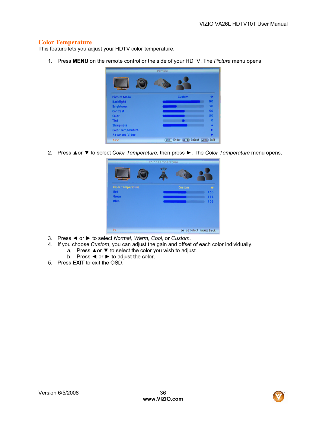 Vizio VA26L user manual Color Temperature, Press or to select Normal, Warm, Cool, or Custom 